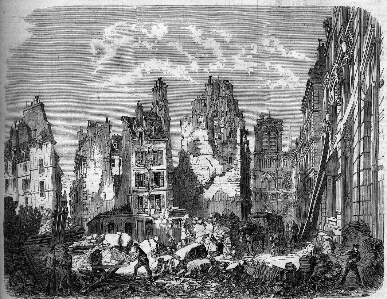 Förvandlingar av Paris under det andra imperiet, Haussmann Paris. Förstörelse av en del av Ile de la Cité för utbyggnaden av Hotel Dieu, gravyr efter en av Delannoy Delannoy