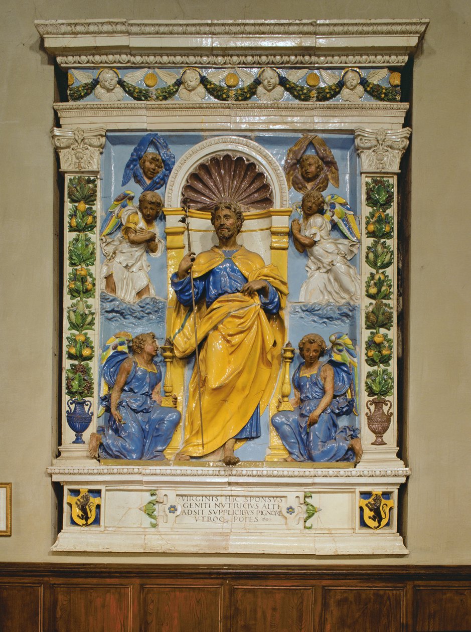 Kristus tronade med änglar, basrelief (tennglaserat lergods) av Luca Della Robbia