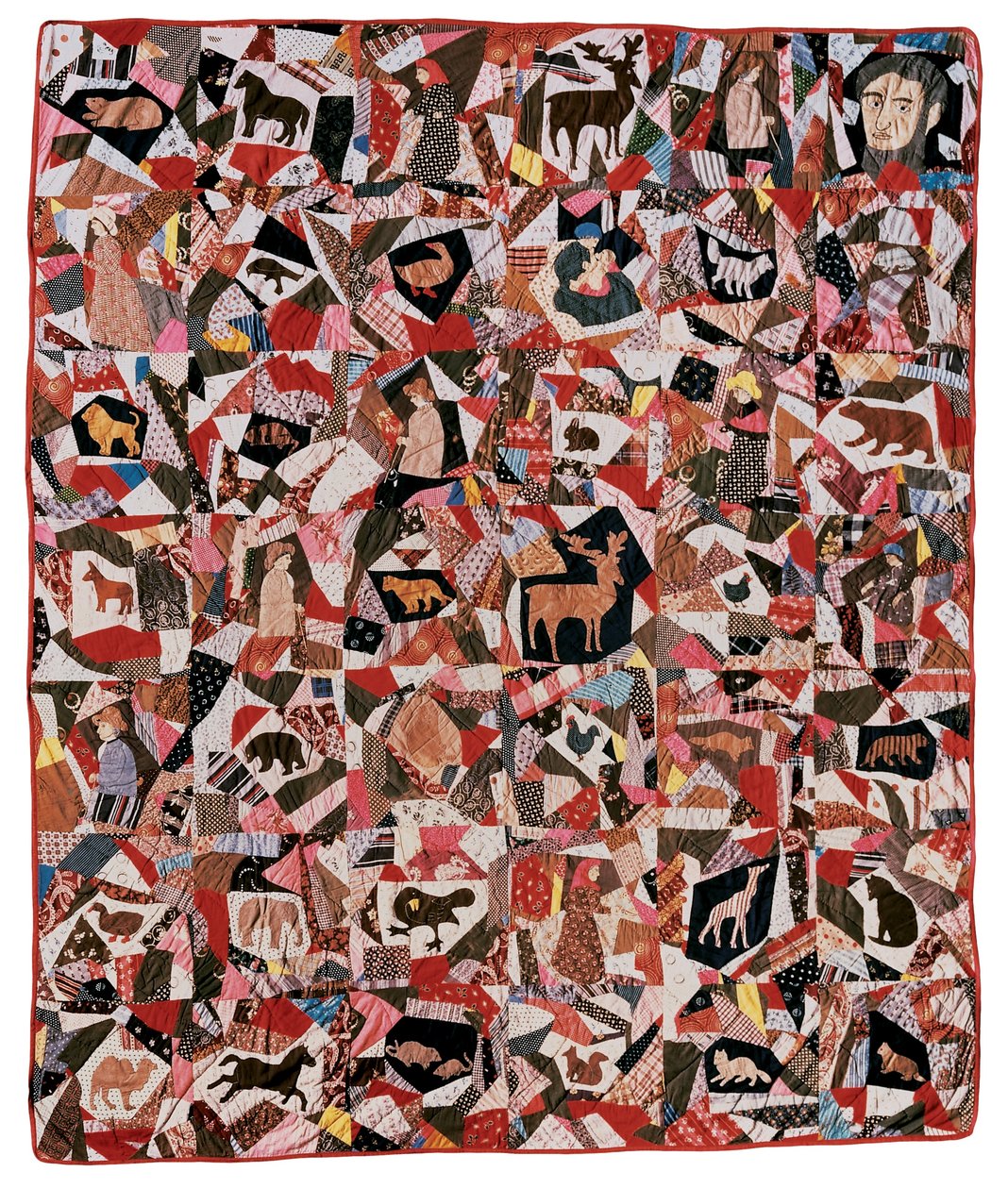 Applikation och Pieced Crazy Quilt med Abraham Lincoln och djur, 1870-1880 (bomullsapplikation) av Delphia Noice Haskins