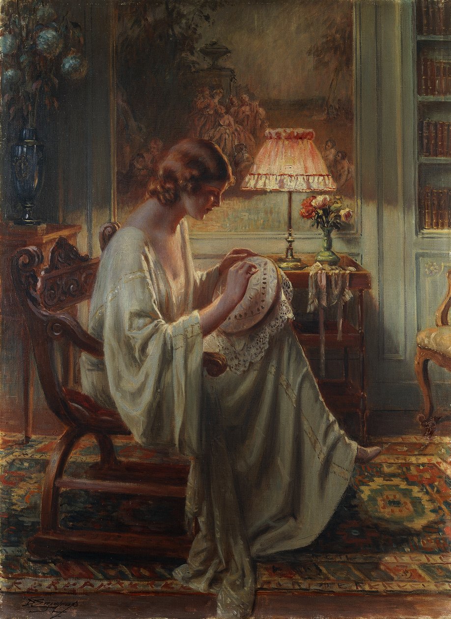 En dam som syr i en interiör av Delphin Enjolras
