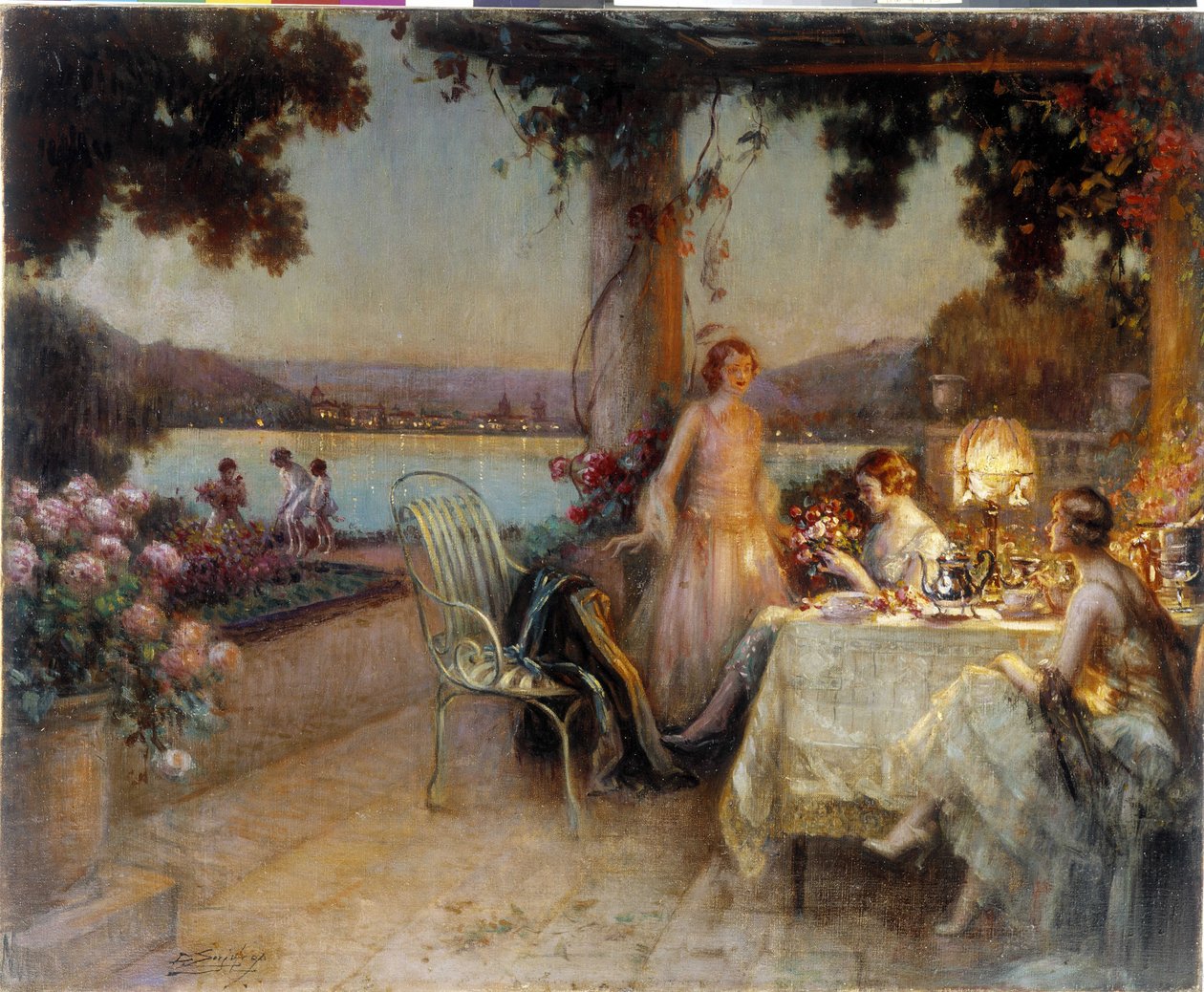På kvällen på terrassen. Målning av Delphin Enjolras (1857-1945), Omnämnande obligatoriskt: Samlingsstiftelsen angående de Provence. Marseille (cm 57x73) DR av Delphin Enjolras