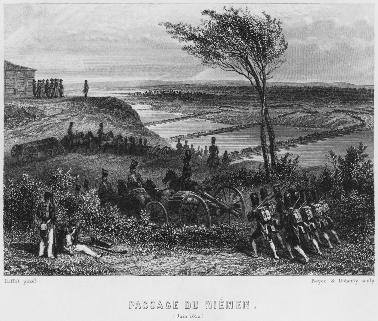 Korsar floden Niemen i juni 1812, graverad av Beyer och Doherty av Denis Auguste Marie Raffet
