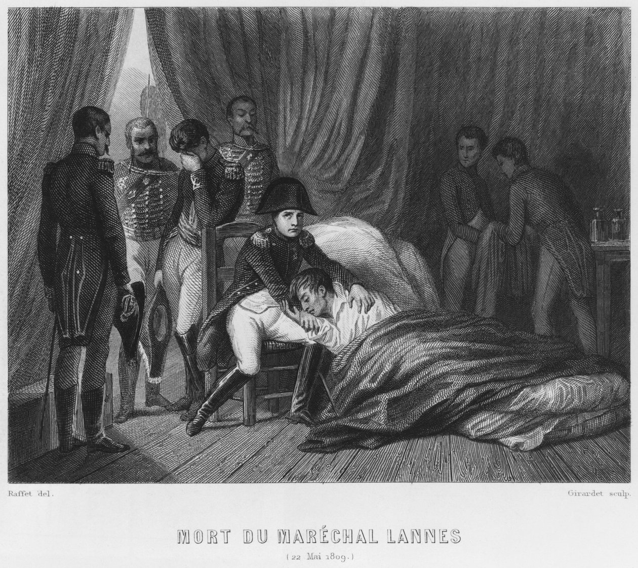 De sista ögonblicken av marskalk Lannes, hertig av Montebello, i slaget vid Essling den 22 maj 1809, graverade av Abraham Girardet (1764-1823) av Denis Auguste Marie Raffet
