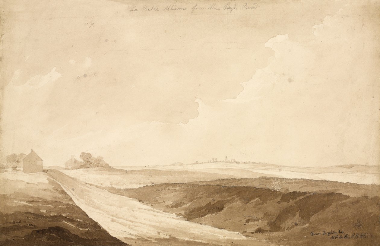 "No 7 La Belle Alliance från den höga vägen", 1815 (wc och penna på papper) av Denis Dighton
