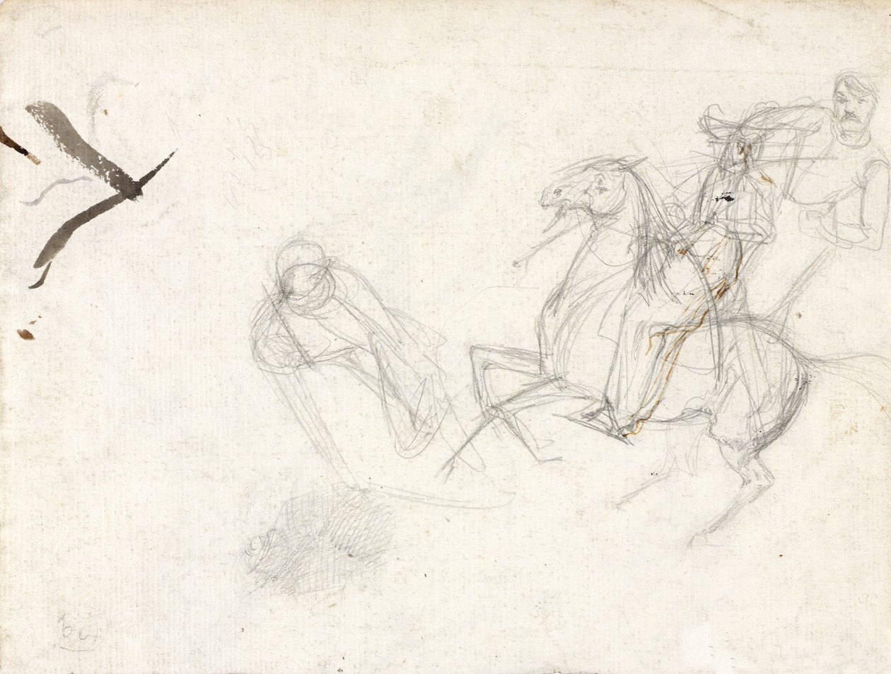 Studier för sergeant Ewart, Scots Greys, till målningen som visar hans tillfångatagande av den franska örnen i slaget vid Waterloo, 1815, ca 1817 (penna och bläck på papper) av Denis Dighton