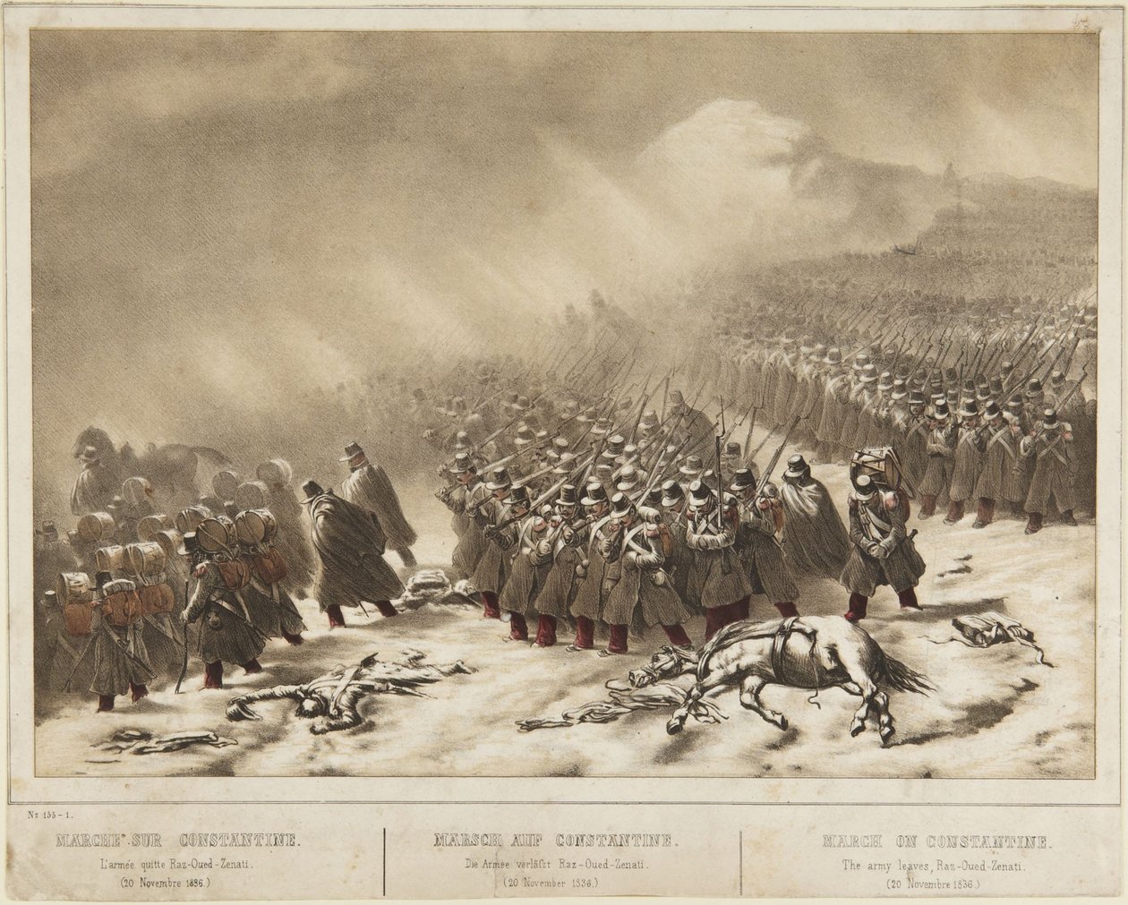 Fälttåget mot Konstantin: armén lämnar Raz-Ourd-Zenati (20 november 1836) av Denis-Auguste-Marie Raffet