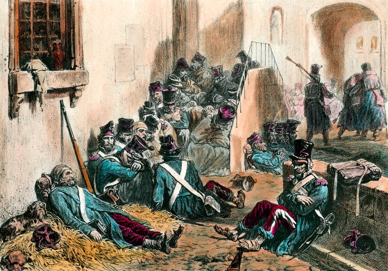 Tyfus under Napoleonkrigen. Soldater från den franska armén lider av feber orsakad av sjukdom. Gravyr av Denis Auguste Raffet (1804-1860) 1800-talet. Privat samling av Denis Auguste Marie Raffet