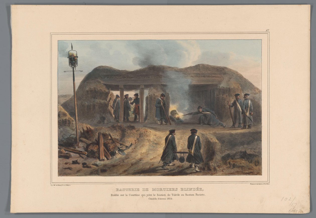 Afschieten van een mortar, 1832 Batteri av bepansrade murbruk, etablerat på Courtine som förenar Bastion of Toledo med Bastion Pacioto (titel på objekt) Ritningar gjorda från naturen vid belägringen av Citadellet i Antwerpen av Raffet (serietitel på objekt av Denis Auguste Marie Raffet