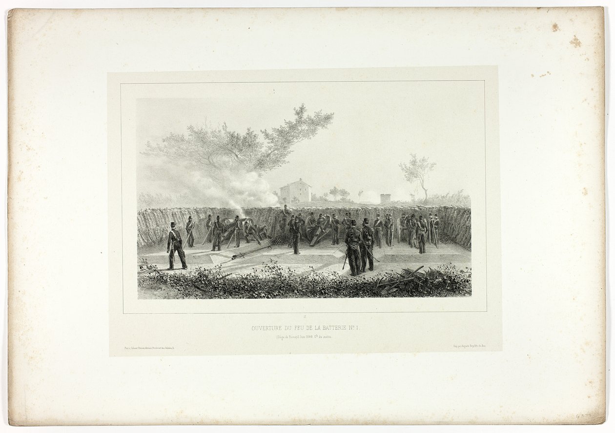 Batteri nr 1 öppnar eld, från Souvenirs of Italy: Rome Expedition av Denis Auguste Marie Raffet