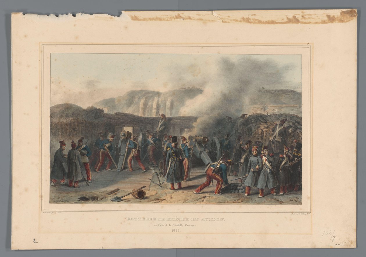 Beschieting van de Citadel, 1832 Batteribrytande i aktion (titel på objekt) Ritningar gjorda från naturen vid belägringen av Citadellet i Antwerpen av Raffet (serietitel på objekt) av Denis Auguste Marie Raffet