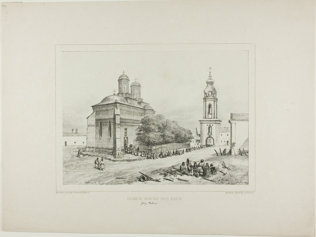 De tre helgonens kyrka och torn, Yassy, Moldavien, 19 juli 1837 av Denis Auguste Marie Raffet
