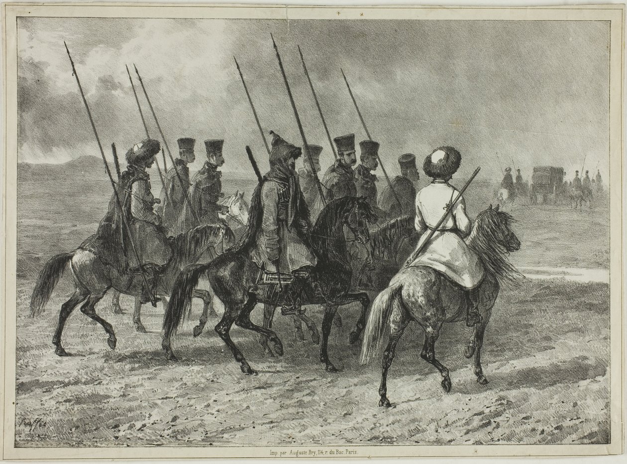 Kosackeskort till gränsen till Kuban, Taman (Centralryssland), 11 oktober 1837 av Denis Auguste Marie Raffet