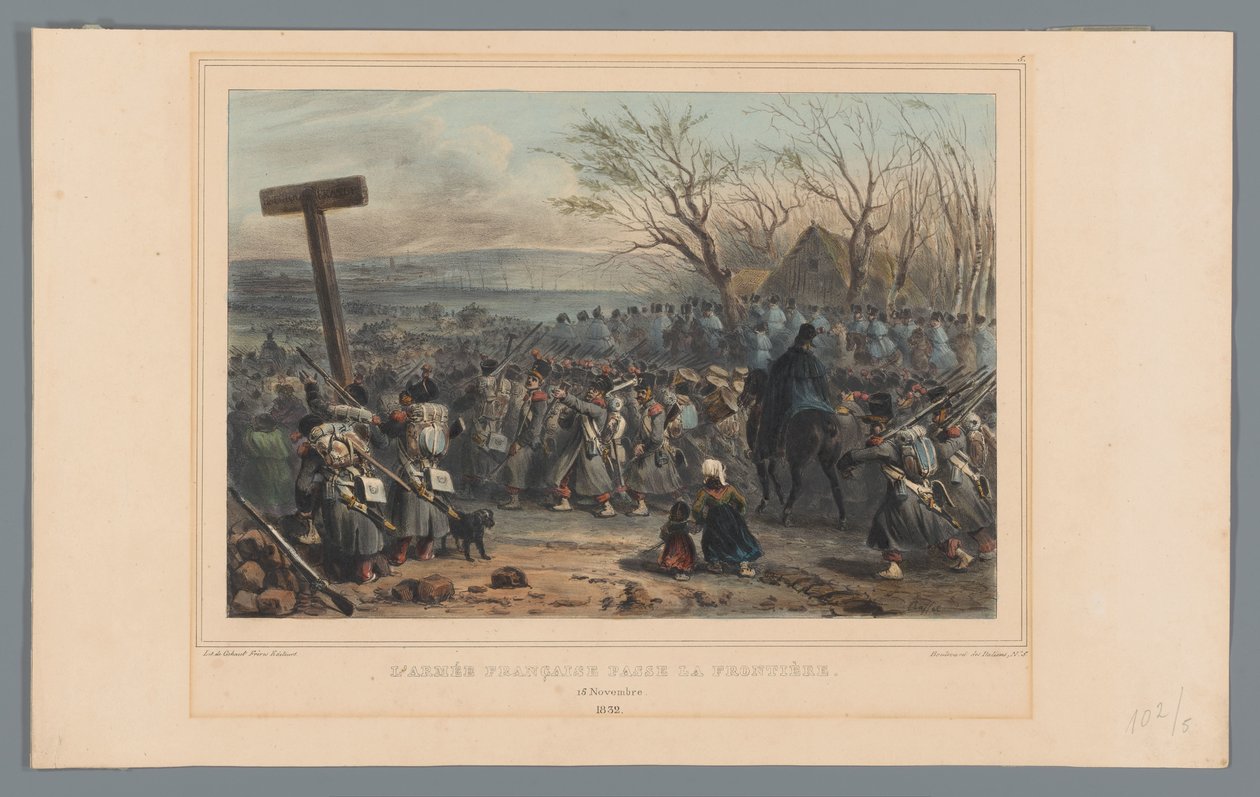 Fransk leger rukt op, 1832 Den franska armén korsar gränsen (titel på objekt) Teckningar gjorda av livet vid belägringen av Citadellet i Antwerpen av Raffet (serietitel på objekt) av Denis Auguste Marie Raffet