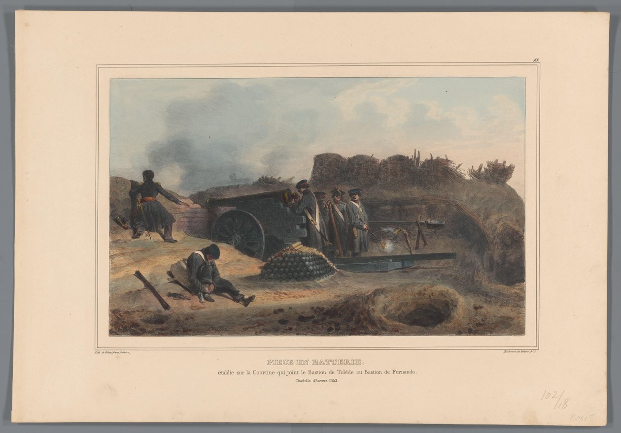 Geschut i aktion, 1832 Piece in battery, etablerad på Courtine som förenar bastionen Toledo med bastionen Fernando (titel på objektet) Ritningar gjorda från naturen vid belägringen av Citadellet i Antwerpen av Raffet (serietitel på objekt) av Denis Auguste Marie Raffet