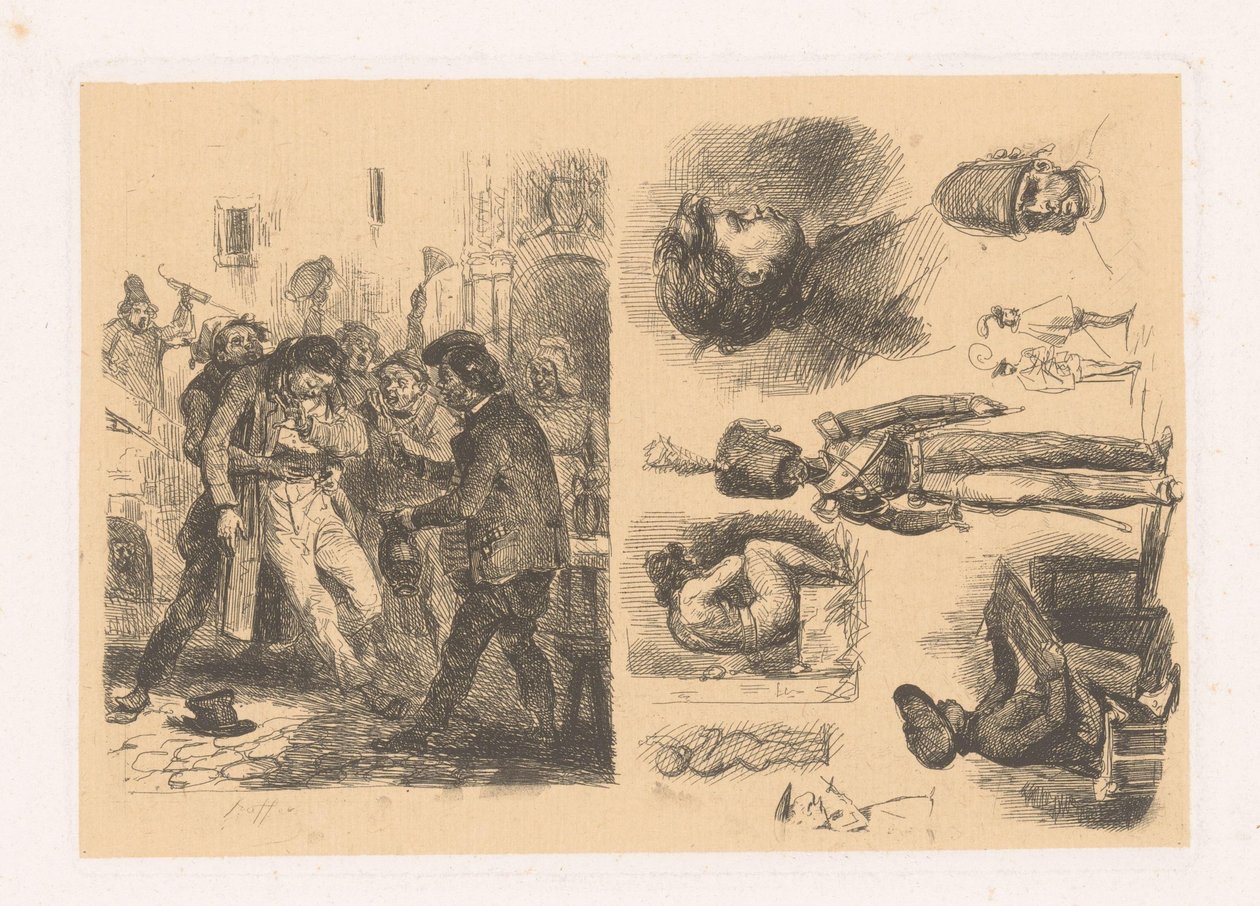 Grupp män, bredvid en komposition inklusive en soldat croquis; Scener de la Revolution av Denis Auguste Marie Raffet