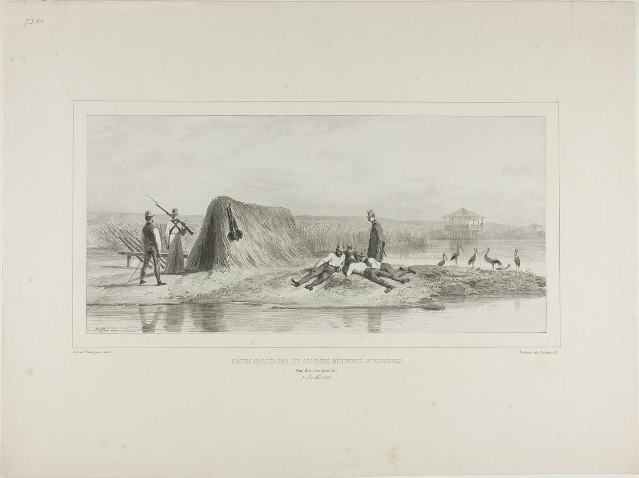 Vaktpost för de ungerska militärkolonierna, vänstra stranden av Donau, 7 juli 1837 av Denis Auguste Marie Raffet