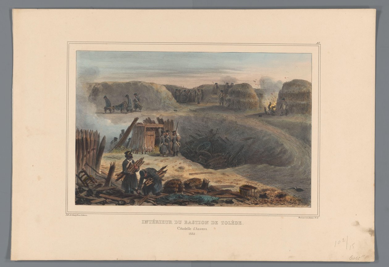 Militairten binnen een bastion, 1832 Interiör av Bastionen i Toledo (titel på objekt) Teckningar gjorda av livet vid belägringen av Citadellet i Antwerpen av Raffet (serietitel på objekt) av Denis Auguste Marie Raffet