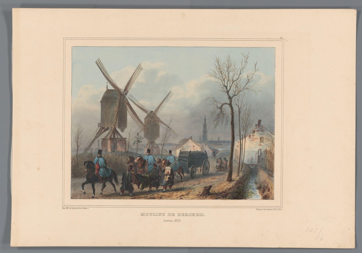 Molens van Berchem, 1832 Berchems väderkvarnar (titel på objekt) Ritningar gjorda från naturen vid belägringen av Citadellet i Antwerpen av Raffet (serietitel på objekt) av Denis Auguste Marie Raffet