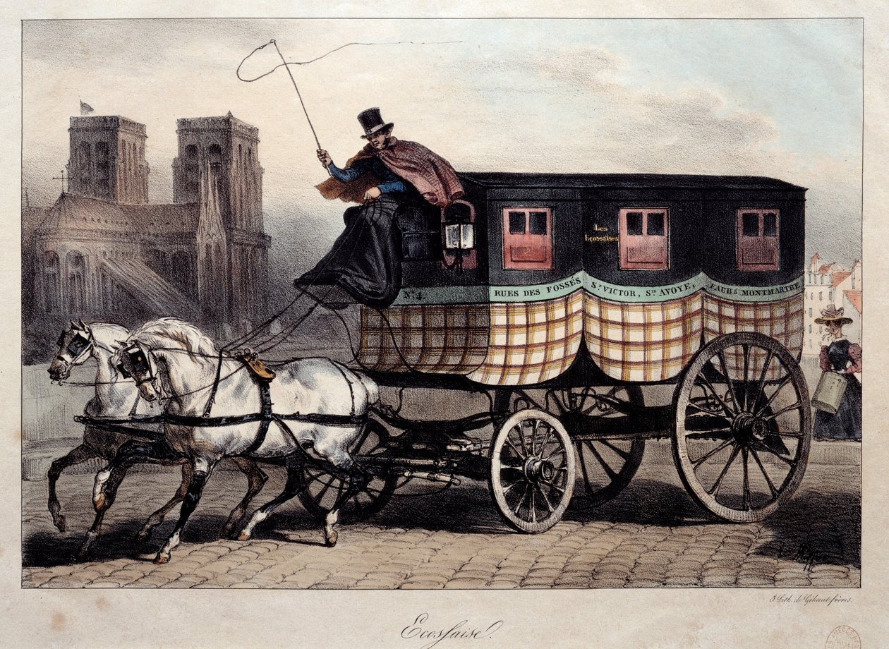 Parisisk transport: omnibus känd som "den skotska" litografi av Denis Auguste Raffet (1804-1860) 1800-talets Paris, Musee Carnavalet av Denis Auguste Marie Raffet