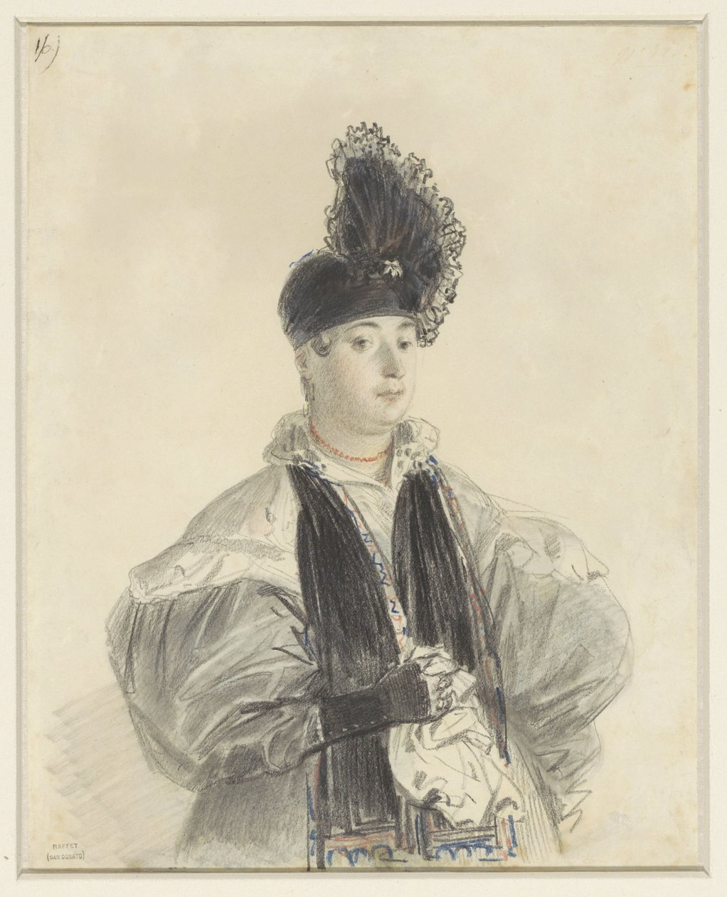 Porträtt av en stående dam med svart halsduk och svart hatt av Denis Auguste Marie Raffet