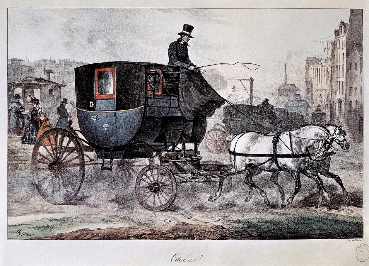 Kollektivtrafik på 1800-talet: en hytt på gatorna i Paris (färgad gravyr) av Denis Auguste Marie Raffet