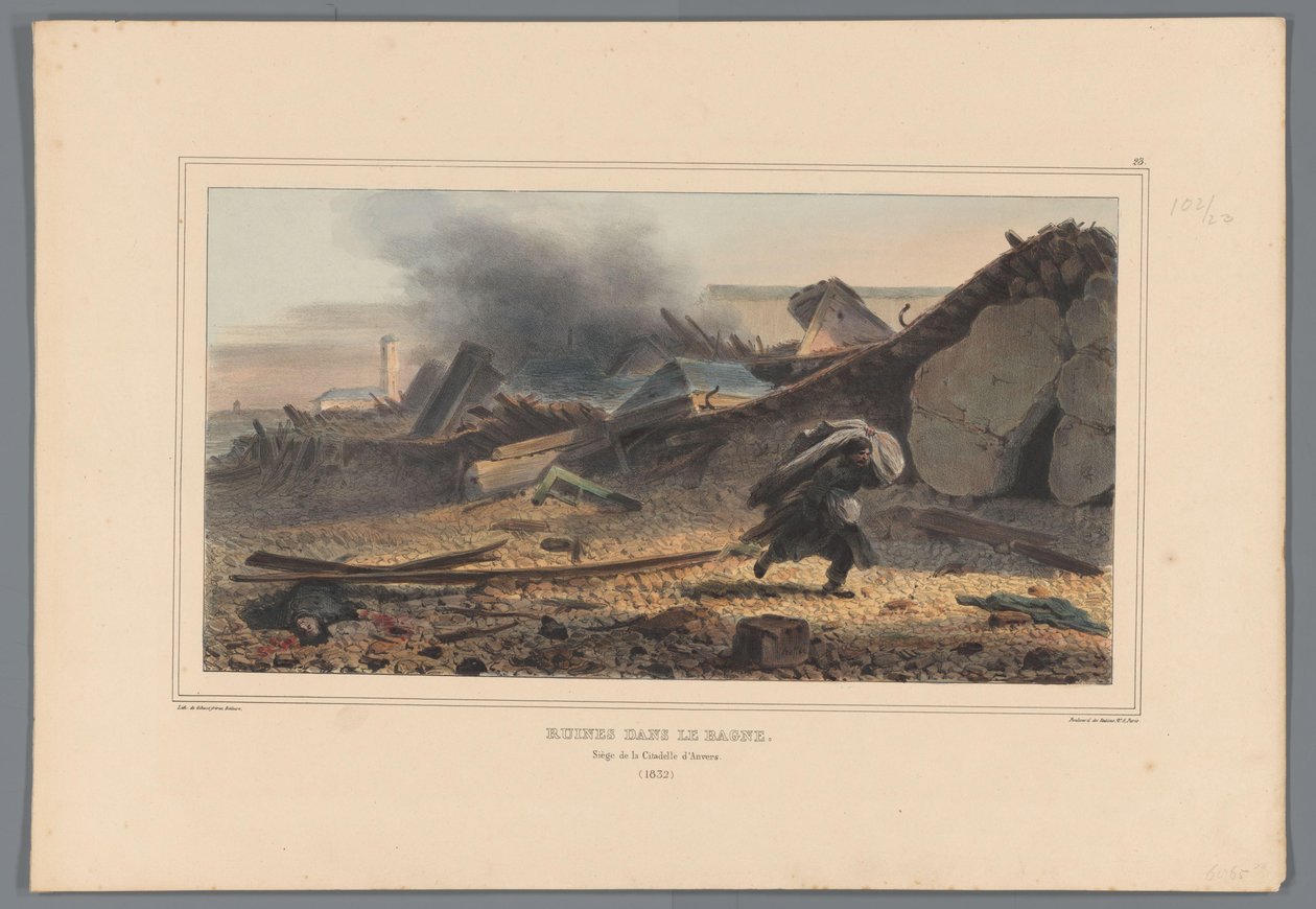 Ruiner, 1832 Ruiner i Bagne (titel på objekt) Teckningar gjorda av livet vid belägringen av Citadellet i Antwerpen av Raffet (serietitel på objekt) av Denis Auguste Marie Raffet