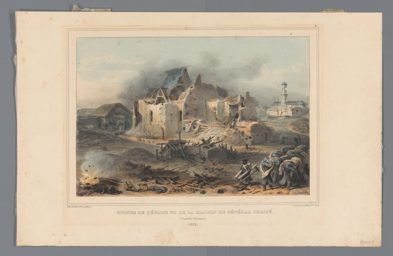 Ruïnes van de kerk in het huis van generaal Chassé, 1832 Ruinerna av kyrkan och general Chassés hus (titel på objektet) Teckningar gjorda av livet vid belägringen av Citadellet i Antwerpen av Raffet (serietitel på objekt) av Denis Auguste Marie Raffet