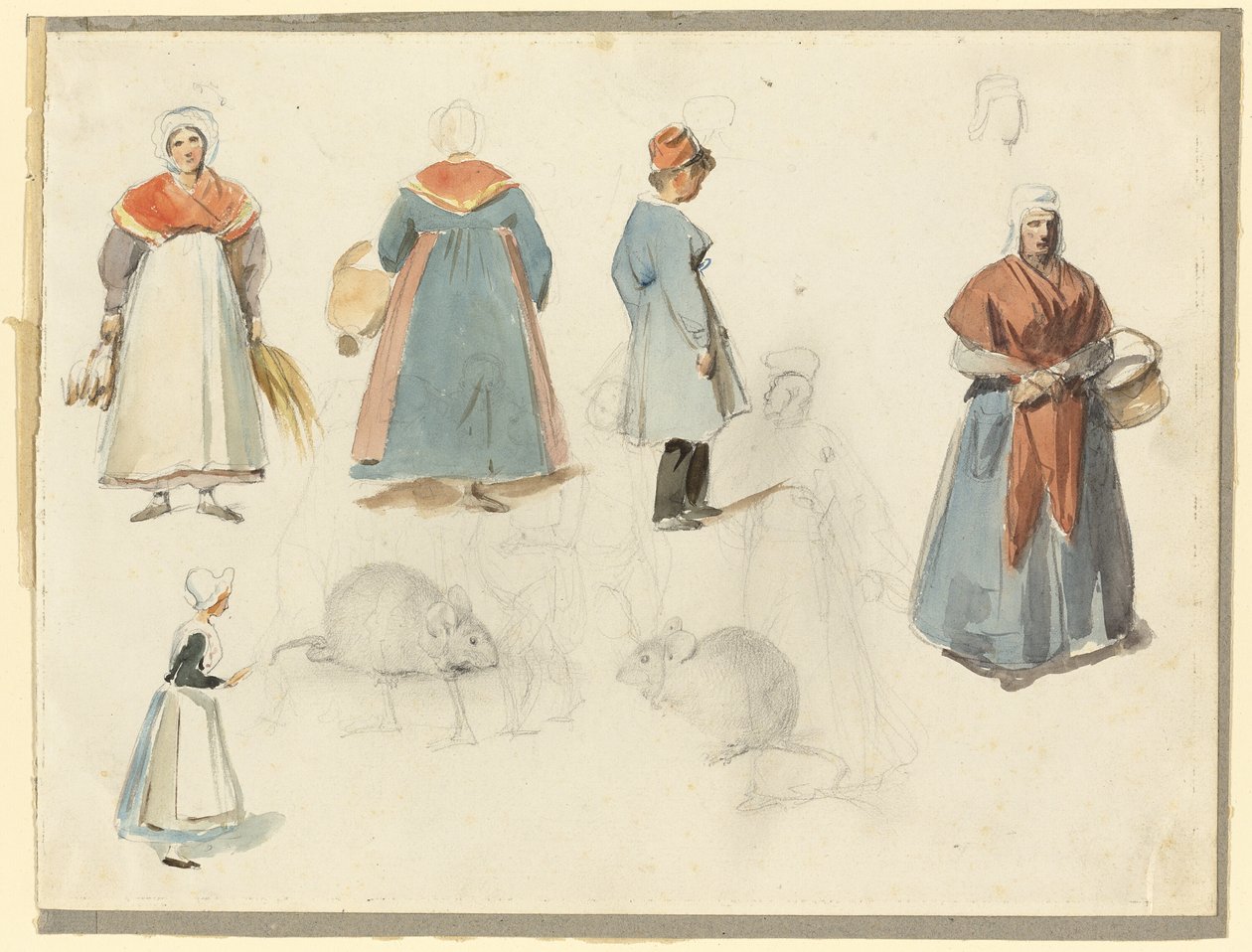 Blad med skisser: Män, kvinnor och möss av Denis Auguste Marie Raffet