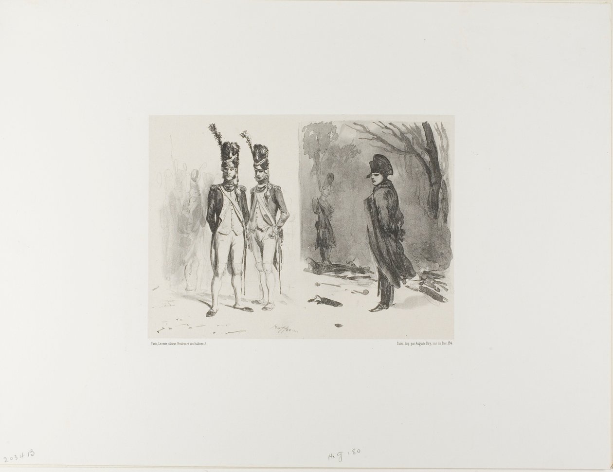 Ark med skiss (Grenadier of the Guard, Napoleon in a Bivouac) av Denis Auguste Marie Raffet