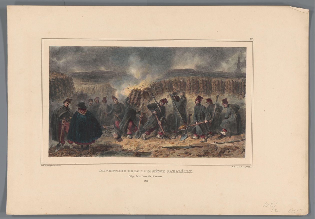 Soldaten graben een loopgraaf, 1832 Öppning av tredje parallellen (titel på objekt) Teckningar gjorda av livet vid belägringen av Citadellet i Antwerpen av Raffet (serietitel på objekt) av Denis Auguste Marie Raffet