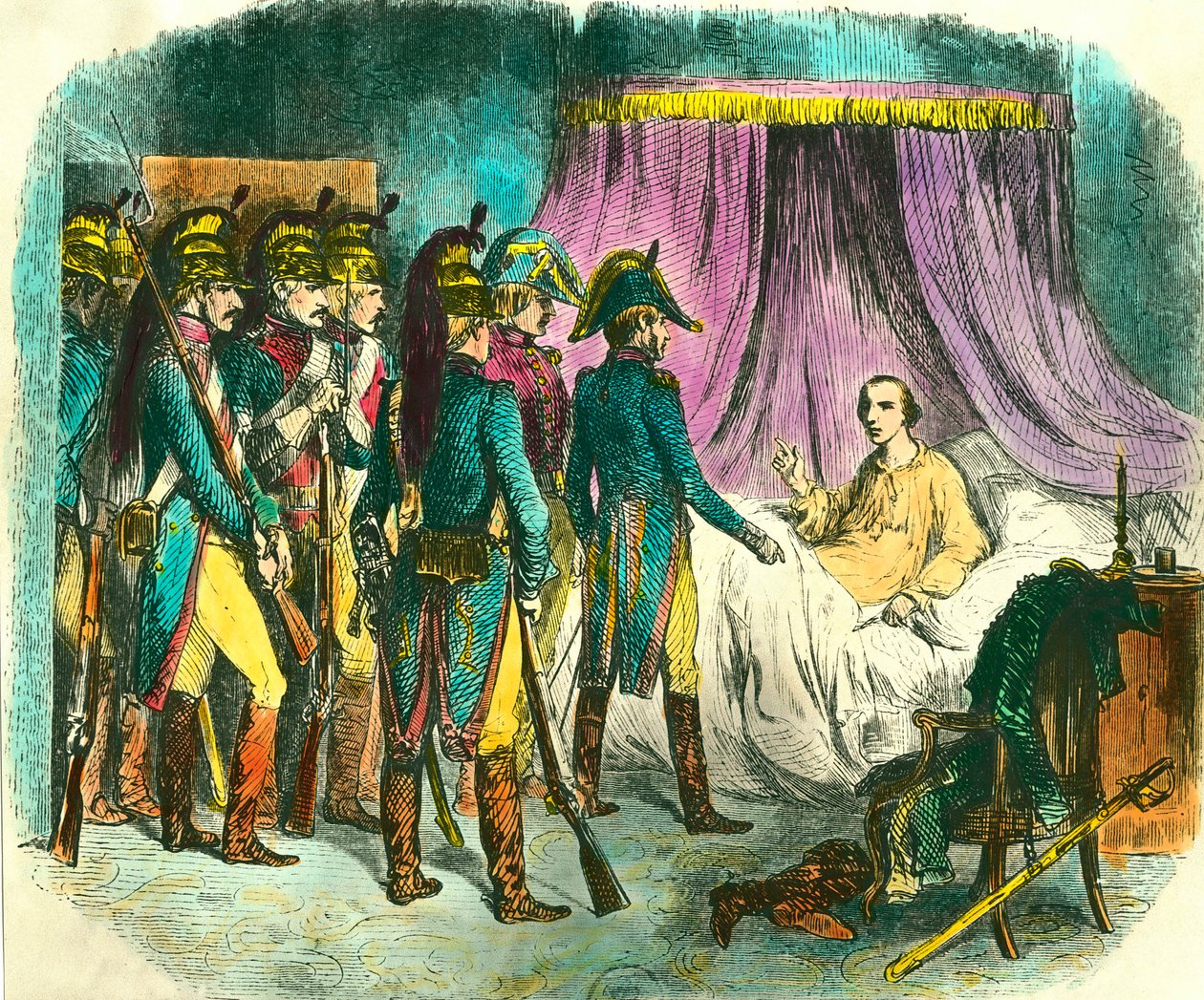 Gripandet av Louis Antoine Henri de Bourbon, hertig av Enghien (1772-1804), misstänkt utan bevis för att ha planerat mot förste konsuln Napoleon Bonaparte. Gravyr av Denis Auguste Raffet (1804-1860) 1800-talet. Privat samling av Denis Auguste Marie Raffet