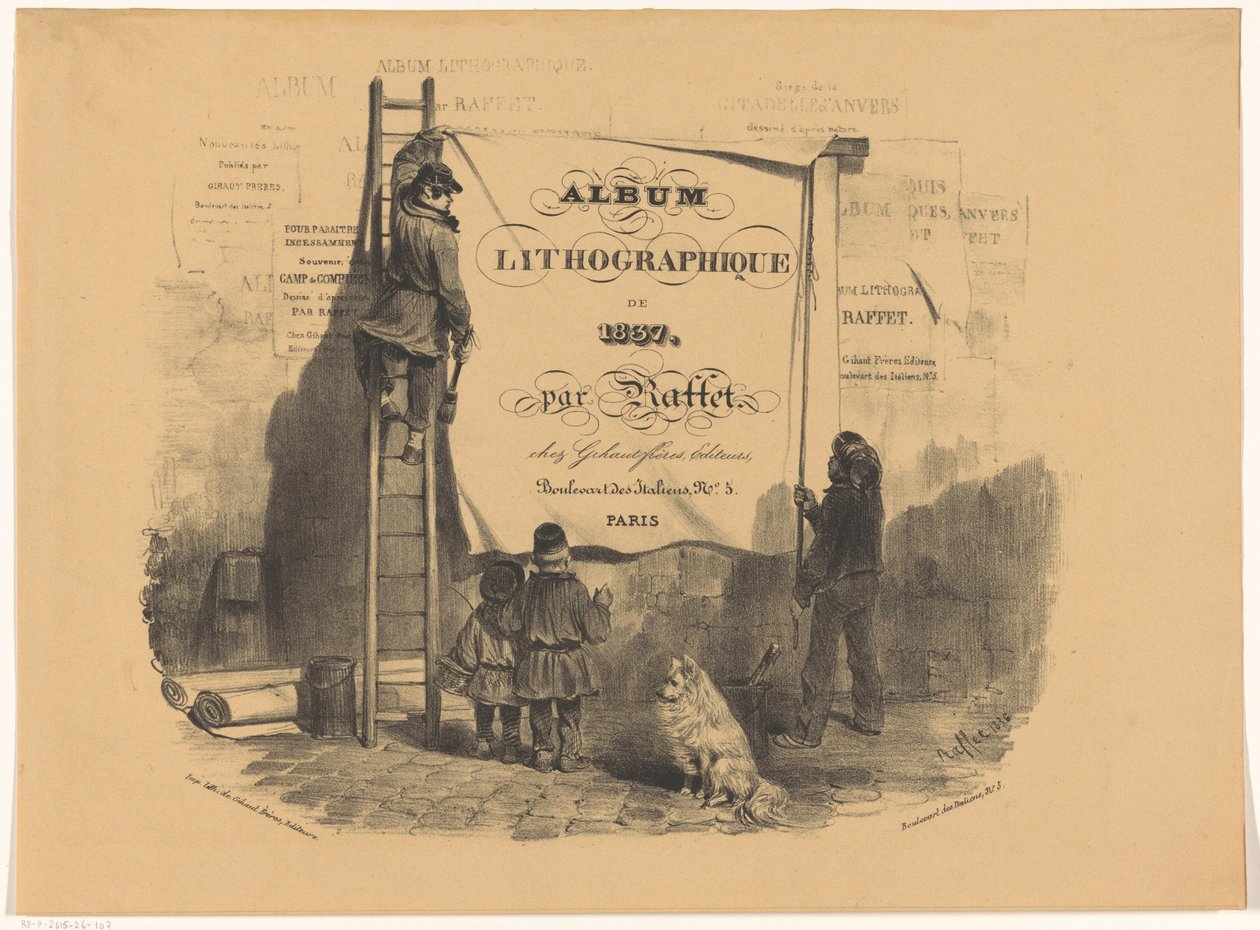 Två män fäster en affisch på en vägg Album lithographique de 1837 (serietitel på objekt) av Denis Auguste Marie Raffet