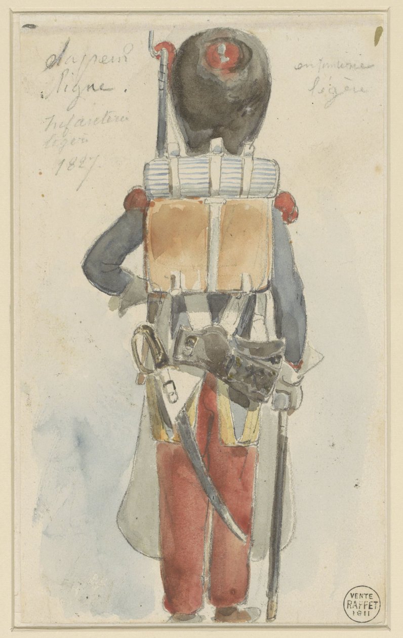 Uniformstudie Line sapper. Lätt infanteri 1827 (titel på objekt) av Denis Auguste Marie Raffet