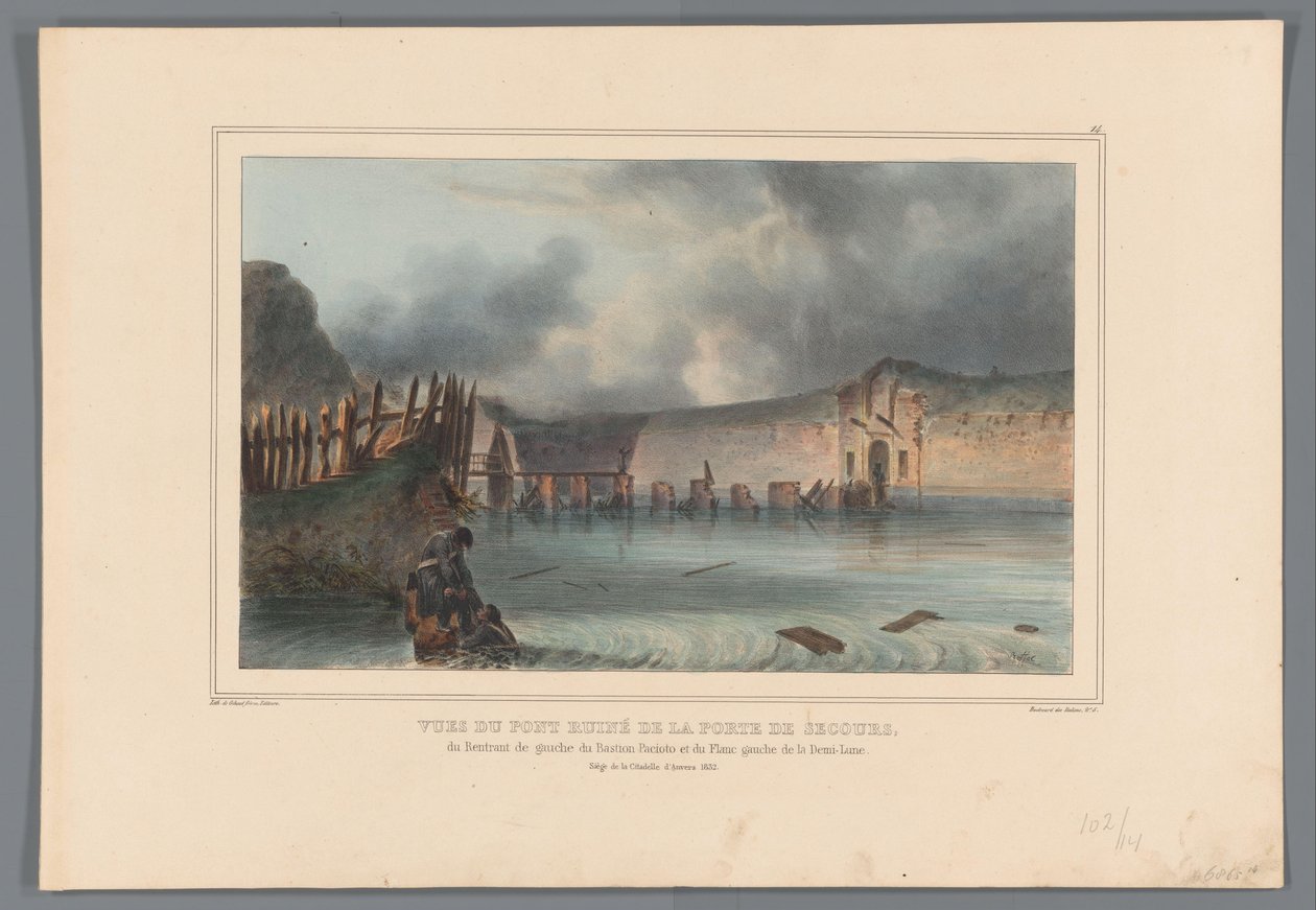 Vernielde brug, 1832 Utsikter över den förstörda bron av Rescue Gate, den vänstra återinträdet av Bastion Pacioto och den vänstra flanken av halvmånen (titel på objektet) Ritningar gjorda från naturen vid belägringen av Citadellet i Antwerpen av Raffet (se av Denis Auguste Marie Raffet