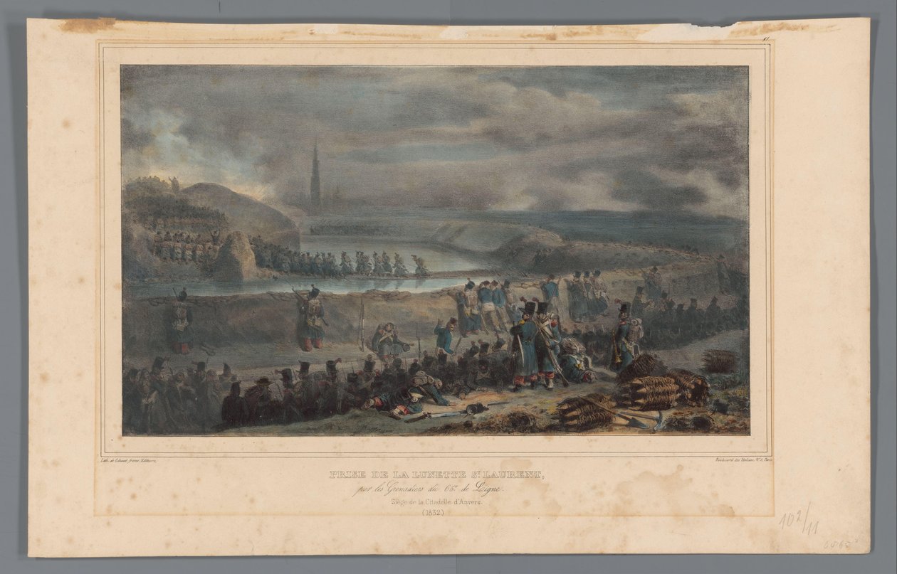 Verovering van de lunette St. Laurent, 1832 Ta av St. Laurent-ramen av Grenadiers of the 65th of Line (titel på objekt) Teckningar gjorda av livet vid belägringen av Citadellet i Antwerpen av Raffet (serietitel på objekt) av Denis Auguste Marie Raffet