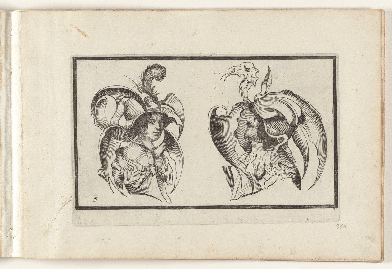 En mans och en kvinnas huvud med groteska hattar och kragar Huvudbonadsdesign (serietitel) Ouvrage rare et nouveau, contenant plusieurs desseins de merveilleuse rekreation sous diverses caprices et gentillesses representees en l