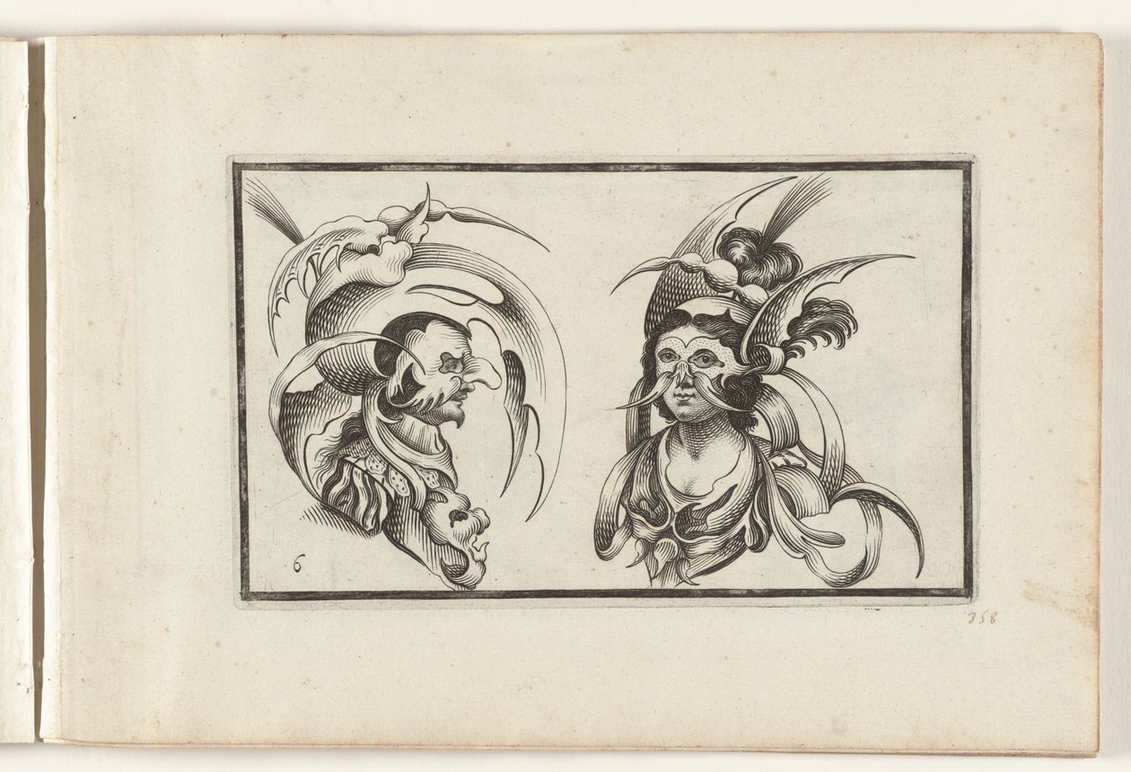 Manliga och kvinnliga huvuden med groteska hattar och kragar Huvudbonadsdesign (serietitel) Ouvrage rare et nouveau, contenant plusieurs desseins de merveilleuse rekreation sous diverses caprices et gentillesses representees en l