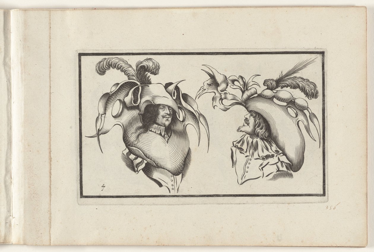 Två mäns huvuden med groteska hattar och kragar Huvudbonadsdesign (serietitel) Ouvrage rare et nouveau, contenant plusieurs desseins de merveilleuse rekreation sous diverses caprices et gentillesses representees en l