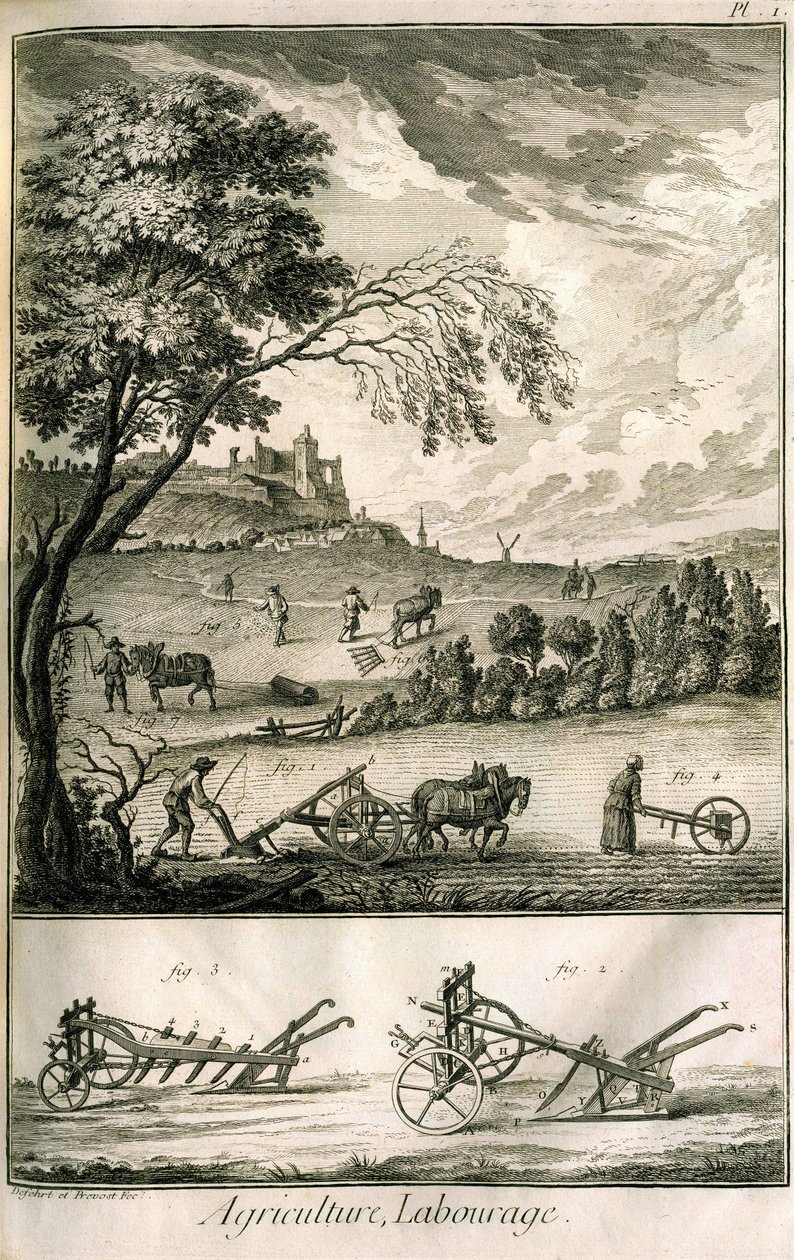 Fältarbete - Jordbruk, sådd, plöjning. Olika modeller av rullar och plogar: Plåt med en volym av illustrationer från Encyclopedie of Diderot, originalupplagan 1762 av Denis Diderot