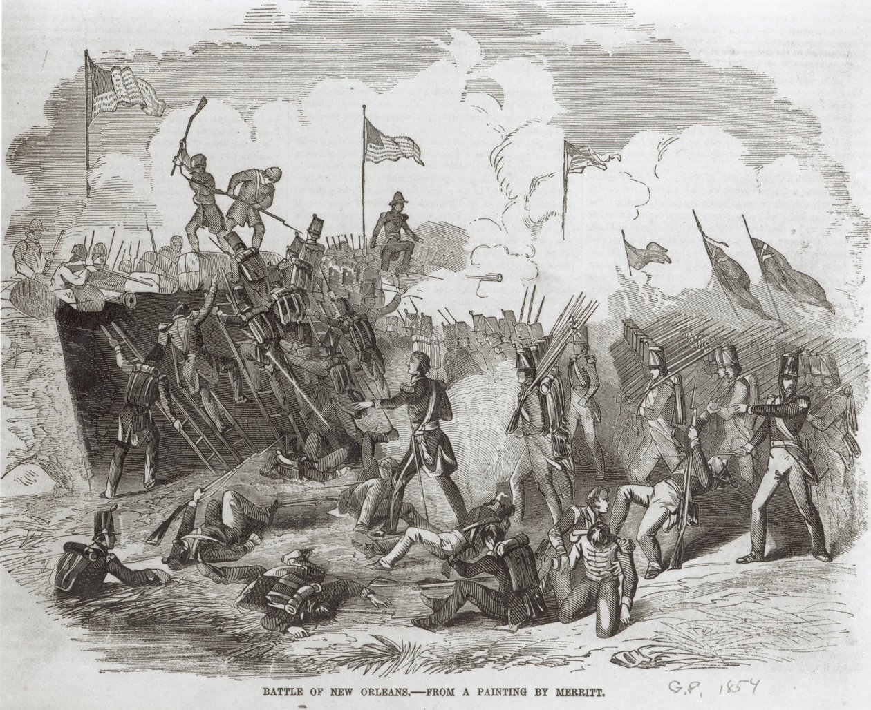 Slaget vid New Orleans, 8 januari 1815, graverad av Thomas Phillibrown, 1856 av Dennis Malone Carter