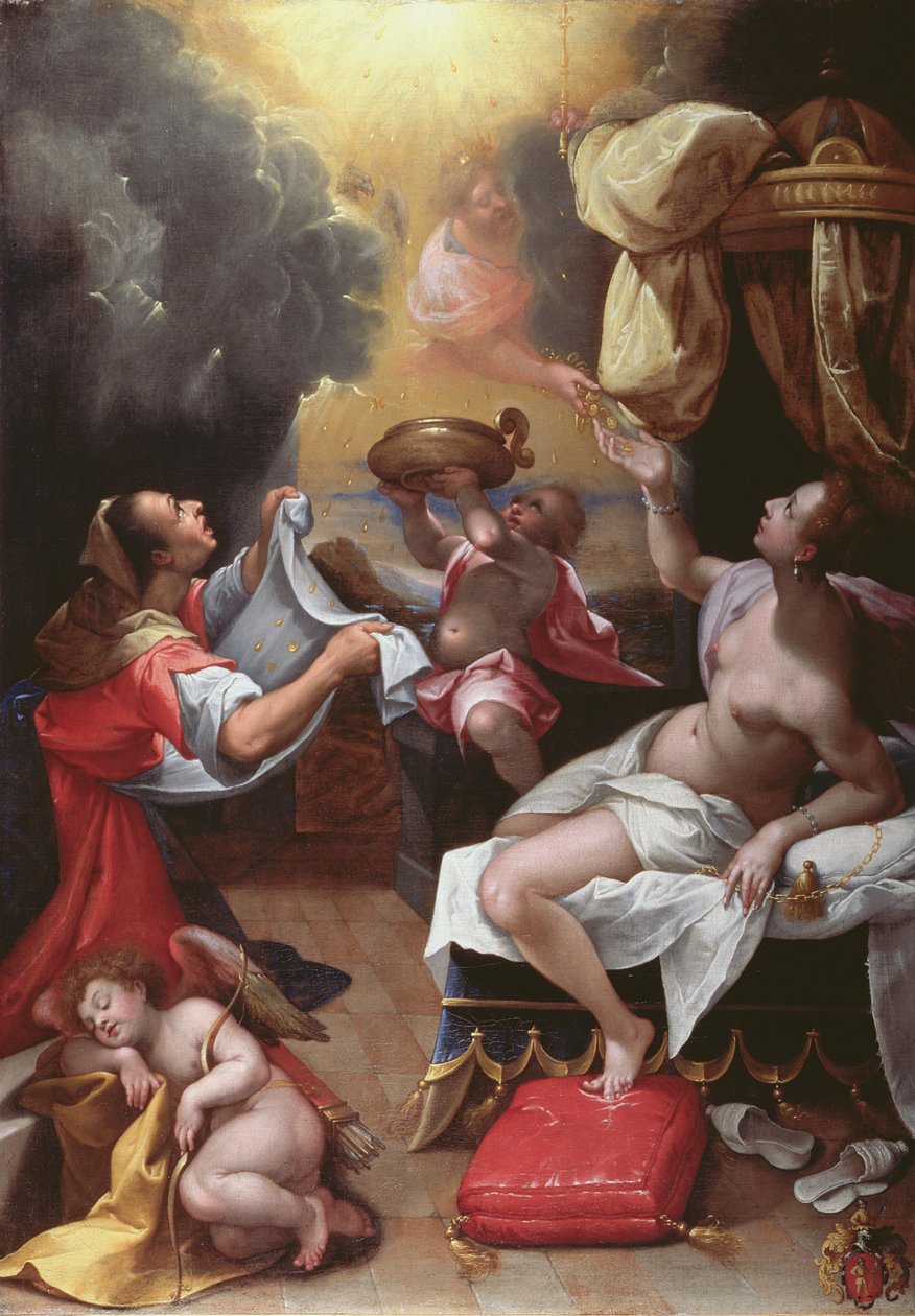 Danae (olja på duk) av Denys Calvaert or Calvart