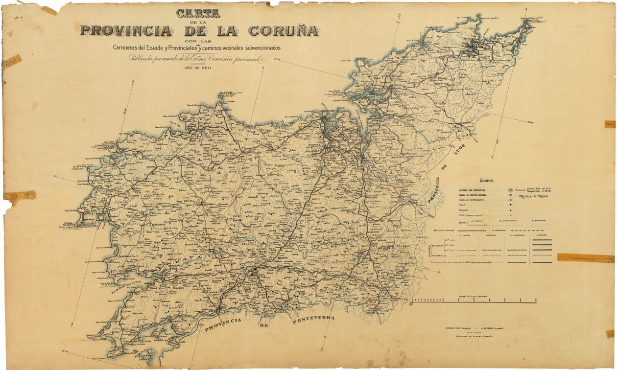 Karta över provinsen A Coruña med statliga och provinsiella vägar och subventionerade grannvägar. Utgiven efter överenskommelse med Hans excellens. Provinsiell kommission av Deputación da Coruña