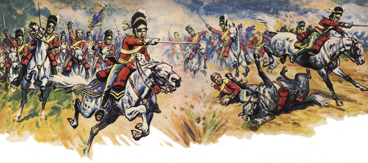 "In i dem, Greys!" Unionsbrigadens (kavalleriets) anfall vid slaget vid Waterloo (färglitografi) av Derek Charles Eyles