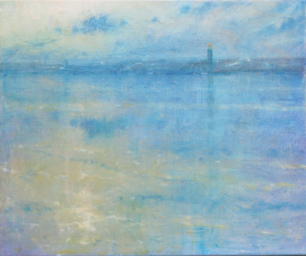Stockholm Skyline, Riddarfjärden, 2016 (Olja på duk) av Derek Hare