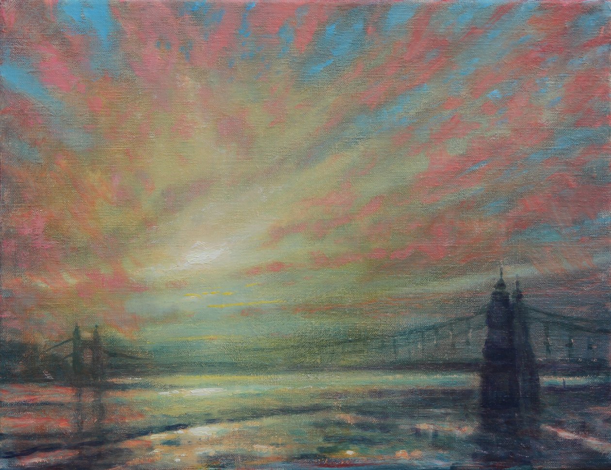 Sunset At Hammersmith Bridge, 2022 (Oil on Canvas) av Derek Hare