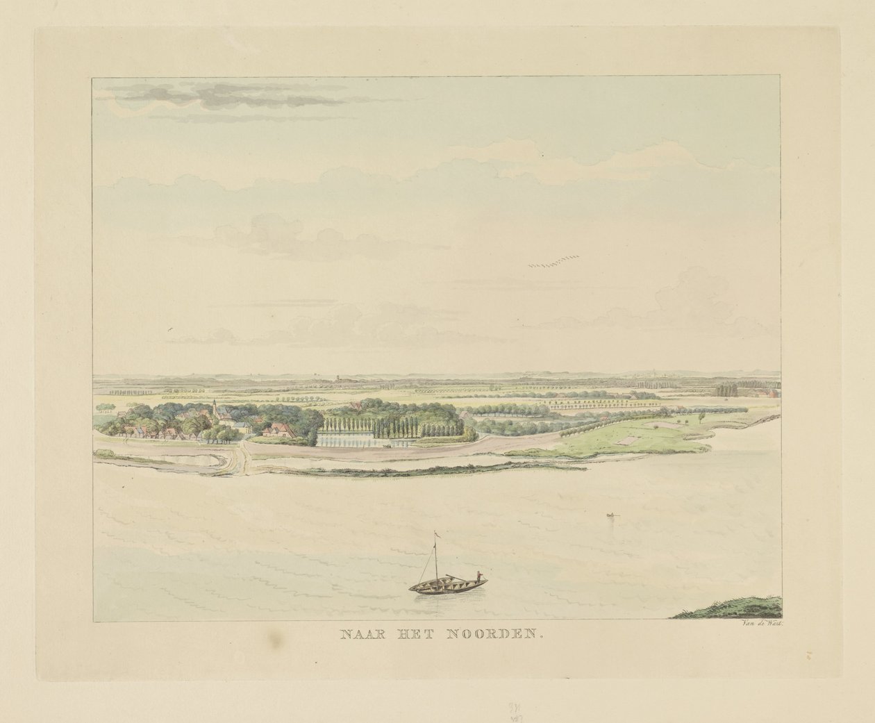 Utsikt över Waal norr om Nijmegen Mot norr (titel på objekt) Sevärdheter runt staden Nijmegen (serietitel) Geldersch panorama eller rund vy av livet ritad på Belvedere i Nymegen (serietitel) av Derk Anthony van de Wart