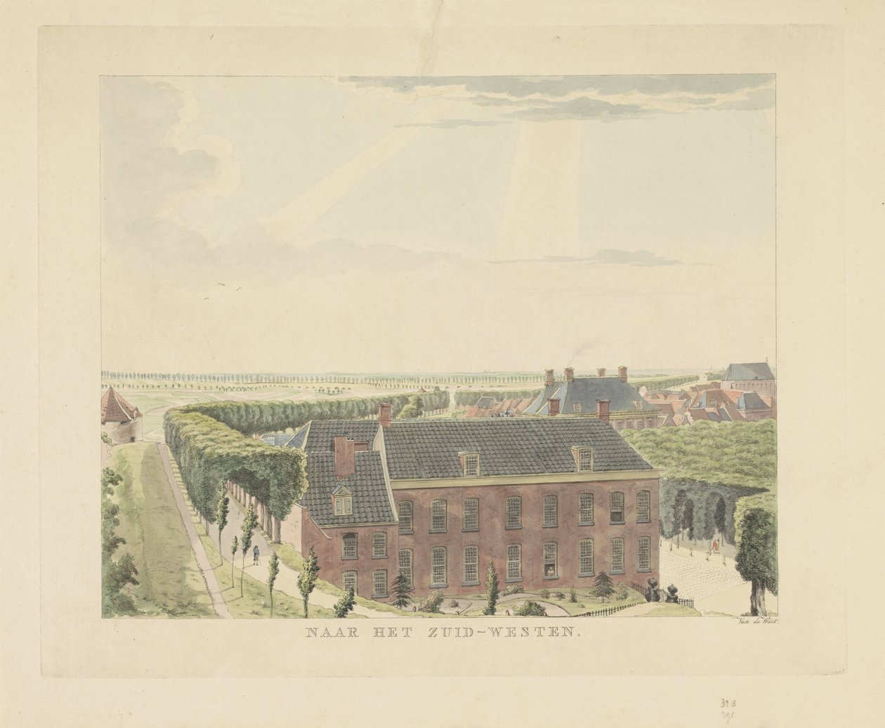 Utsikt över stadsmuren sydväst om Nijmegen I sydväst (titel på objekt) Sevärdheter runt staden Nijmegen (serietitel) Geldersch panorama eller rund vy av livet ritad på Belvedere i Nymegen (serietitel) av Derk Anthony van de Wart