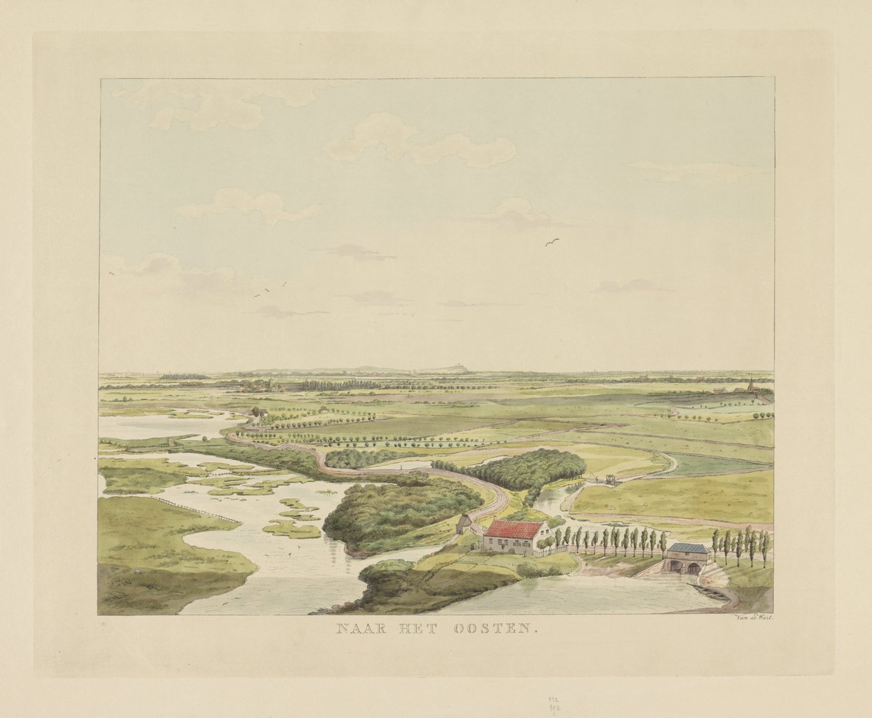 Utsikt över landskapet öster om Nijmegen Till öst (titel på objekt) Utsikter runt staden Nijmegen (serietitel) Gelderland panorama eller rund vy från livet på Belvedere i Nymegen (serietitel) av Derk Anthony van de Wart
