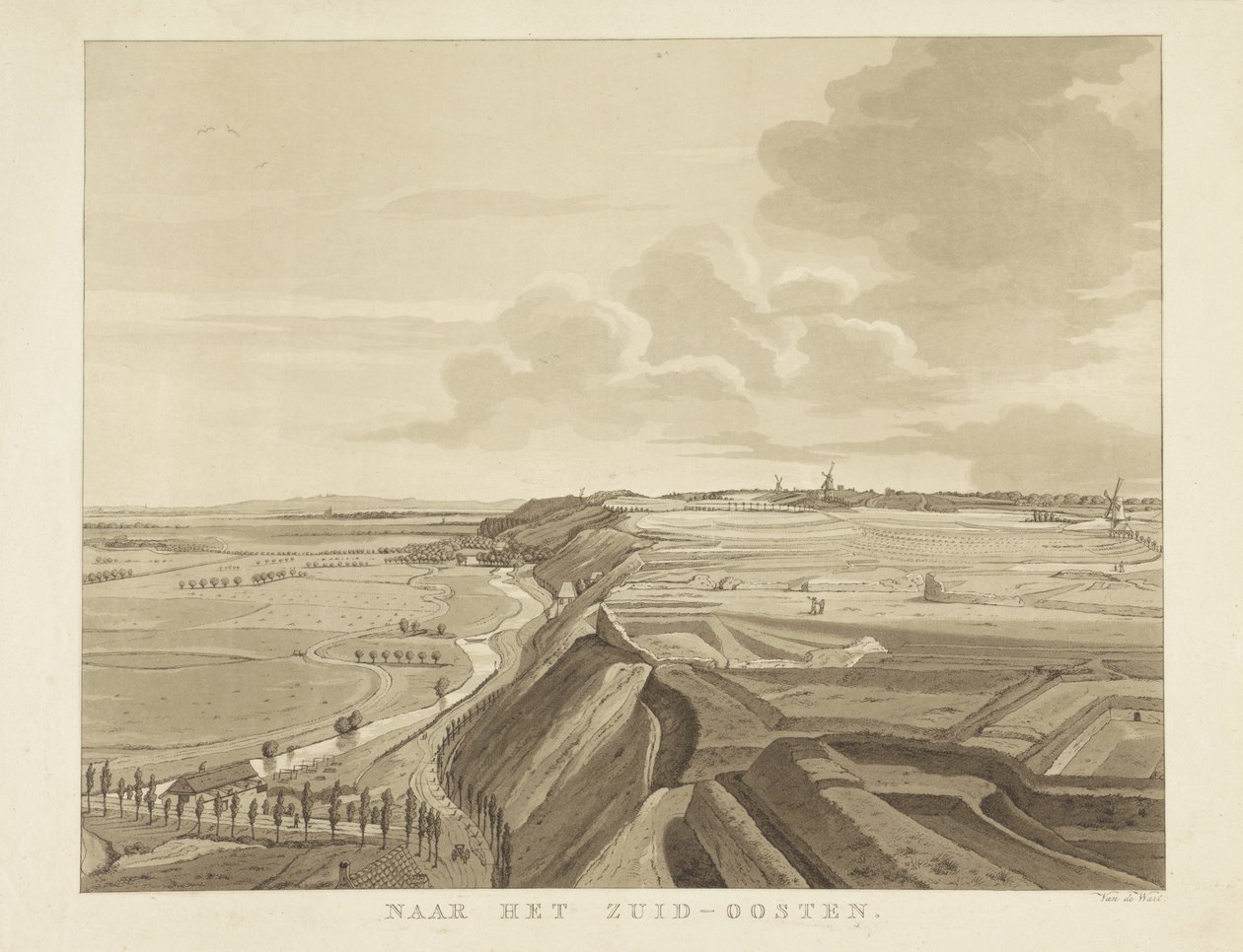 Utsikt över landskapet sydost om Nijmegen I sydost (titel på objekt) Sevärdheter runt staden Nijmegen (serietitel) Geldersch panorama eller rund vy av livet ritad på Belvedere i Nymegen (serietitel) av Derk Anthony van de Wart