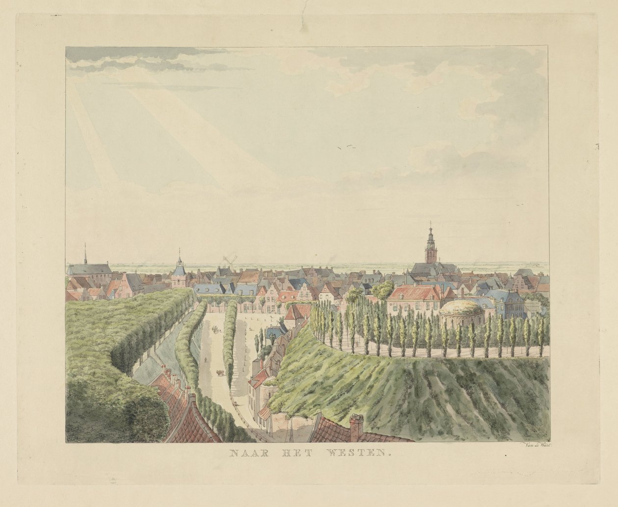 Nijmegen, utsikt från Belvédère mot väster Västerut (titel på objekt) Utsikter runt staden Nijmegen (serietitel) Gelderland panorama eller rund vy från livet på Belvedere i Nymegen (serietitel) av Derk Anthony van de Wart